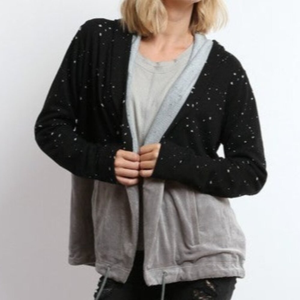 Heavy Weight Distressed Black & Gray Velvet Hooded Jacket w/ Pockets